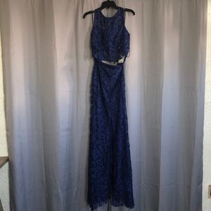 Navy blue lace two piece prom outfit